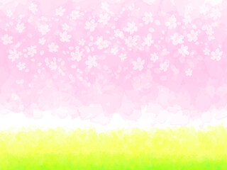 春の桜イメージのテクスチャー背景素材。菜の花越しの満開の桜並木のイメージ。