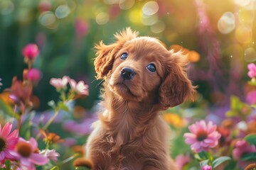 A charming puppy perched in a lively, flower-filled meadow.








