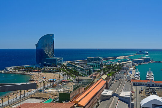 Port of Barcelona with yacht shipyards and a five-star hotel, Spain