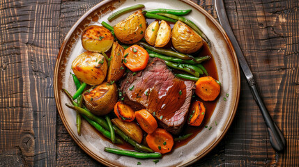 Fototapeta premium Top-down view of Roast Beef with roasted potatoes, carrots, green beans, and gravy