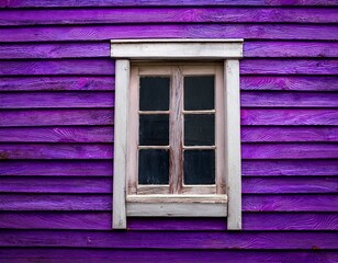 old wooden framed window on a wall adorned with vibrant purple weatherboarding showcasing rustic architecture and color contrast