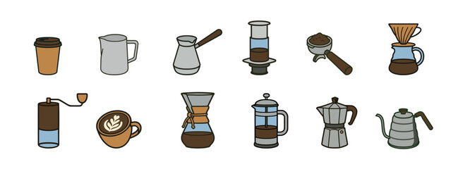 Coffee Brewing Methods and Equipment Icons. Vector