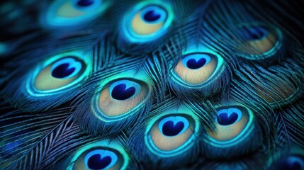 Obraz premium Close-up peacock feathers displaying vibrant blue, teal, and gold iridescent hues.
