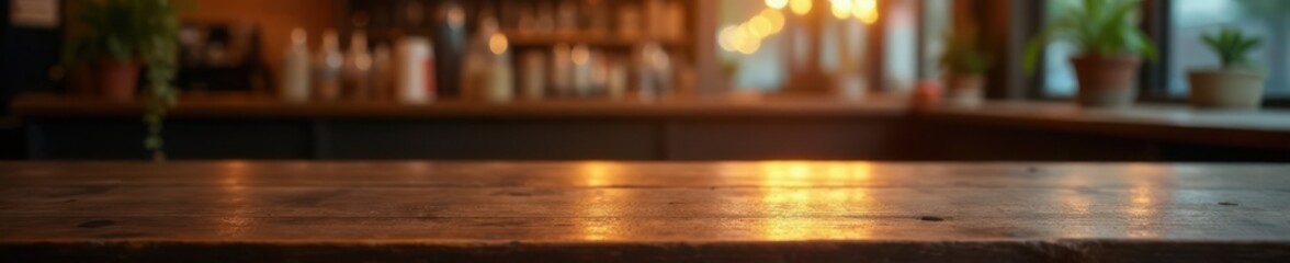 Dark wooden table with blurred light gold bokeh in cafe background, wood, empty, gold