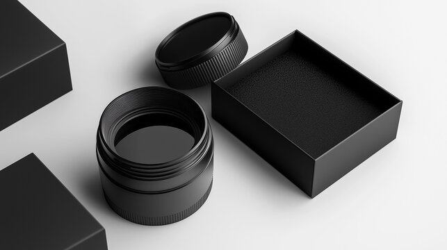 Stylish camera lens packaging with elegant black foam insert, modern and functional, white background