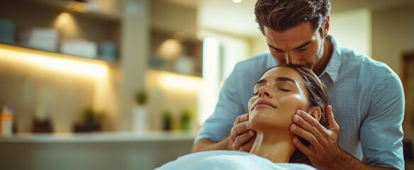 Man kissing woman forehead during massage session for well being in spa center