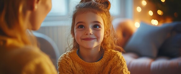 Little girl with mom looks up in a cozy room decorated for Christmas
