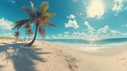 Serene beach paradise with palm trees azure sea and sunlit sky capturing the essence of tropical vacation calm coastal beauty