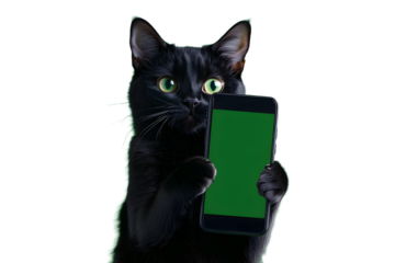 Black cat holding smartphone with green screen on green background
