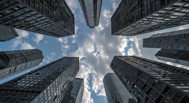 Low angle shot of several Skyscrapers-In a Business Environment-Blue Sky -White Clouds