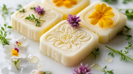 Handcrafted butter pats with detailed embossed floral designs, arranged on white marble slab, scattered fresh herbs and edible flowers, morning dew droplets, professional studio lighting, macro lens