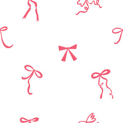 Coquette holiday bows hand drawn collection. Seamless pattern doodle style. Outline ribbons for gift wrapping and hair decor retro. Y2K doodles for nice gift wrapping.
