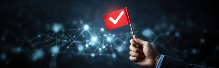 Hand holds check mark flag with networking background for project success
