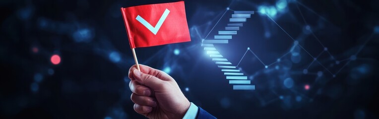 Hand Waving Flag With Check Mark Over Growing Financial Chart, Abstract Design