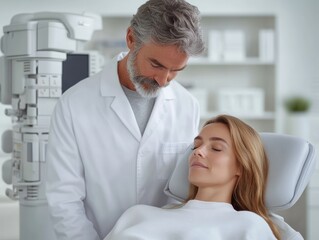 Doctor attends to patient, in a bright clinic. Health treatment, eye care use