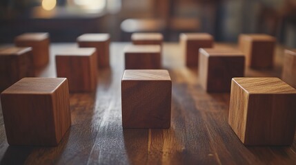 A serene arrangement of rich, dark wooden blocks on a polished surface, evoking feelings of calm contemplation and quiet strength.