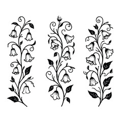 Set of twigs, branches of leaves, doodle floral pattern. Hand drawn Botanical drawing. Detailed line art bluebell, Campanula vine illustration. Outline Simple Stylized Art, harebell flowers blossom