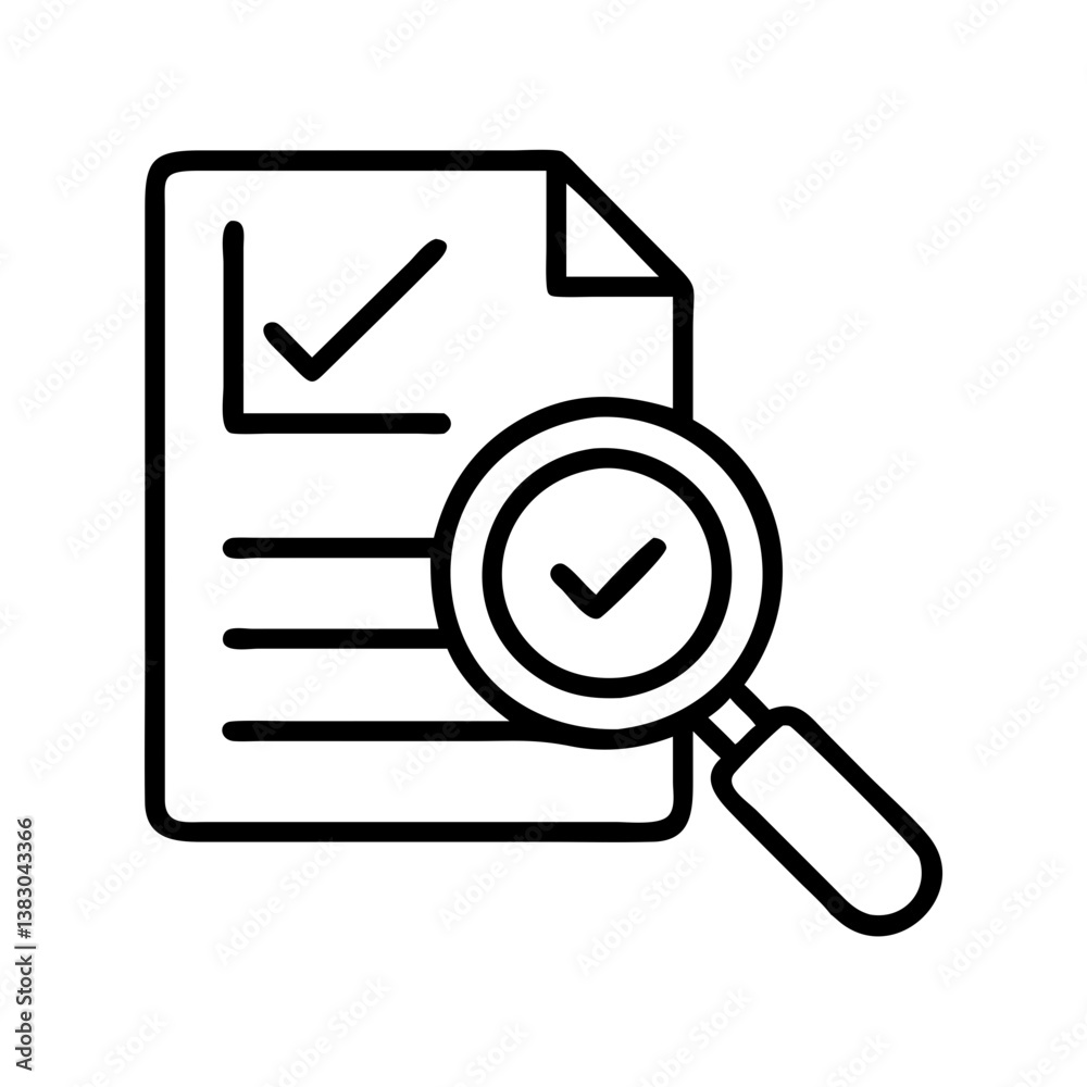Poster document review checklist with magnifying glass for audit and inspection analysis of data and report