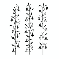 Set of twigs, branches of leaves, doodle floral pattern. Hand drawn Botanical drawing. Detailed line art bluebell, Campanula vine illustration. Outline Simple Stylized Art, harebell flowers blossom