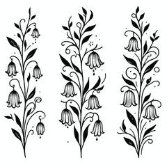 Set of twigs, branches of leaves, doodle floral pattern. Hand drawn Botanical drawing. Detailed line art bluebell, Campanula vine illustration. Outline Simple Stylized Art, harebell flowers blossom