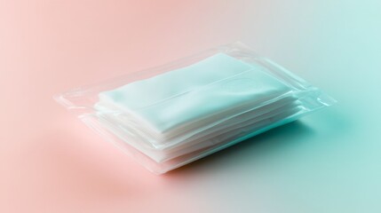 Semi-transparent wet wipes package laying flat, visible stacked tissues inside, embossed brand area on surface, soft gradient lighting, clean minimal composition, professional mockup presentation,
