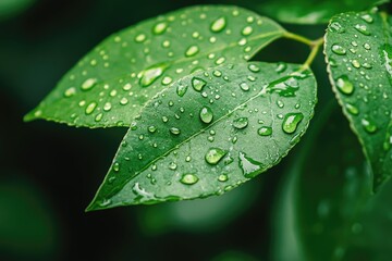 Fototapeta premium Fresh green leaves covered in water droplets