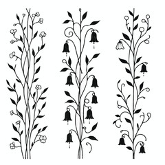 Set of twigs, branches of leaves, doodle floral pattern. Hand drawn Botanical drawing. Detailed line art bluebell, Campanula vine illustration. Outline Simple Stylized Art, harebell flowers blossom