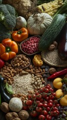 Celebrate World Vegan Day with a vibrant assortment of plant-based foods, featuring fresh vegetables, fruits, grains, and nuts, symbolizing a compassionate and sustainable lifestyle 