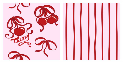cherry bow setCoquette cherry with bows seamless pattern set. Cute berries with ribbons on pink and red colors. Romantic trendy hand-drawn, vector illustration.