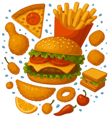 Fast Food Vector Illustration, Realistic fast food illustration, pizza, burger, sandwich, bread, chicken, rings, french fries, potato chips, bread, health, lifestyle, tomato, cheese, slice