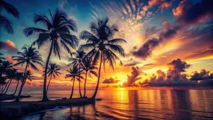 Vintage seascape: calm ocean meets sunset, silhouetted palms creating a serene, golden hour scene.