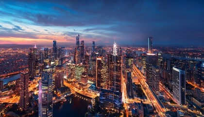 Obraz premium stunning aerial view of a vibrant city skyline at night with lights