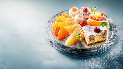 A futuristic AI-driven culinary experience is showcased with a delectable arrangement of assorted pastries and citrus fruits elegantly presented on a silver platter.
