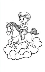 Kids Drawing Coloring page in A4 size featuring a joyful boy riding a horse above fluffy clouds, ready-to-print portrait