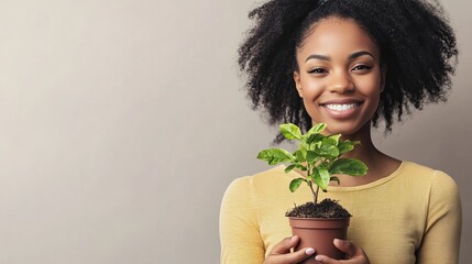 Woman holding plant pot smiling happy environmental care growth gardening sustainable lifestyle portrait