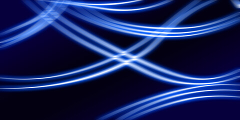 Dark abstract background with blue neon glowing lines. Abstract background, neon light, laser show,...