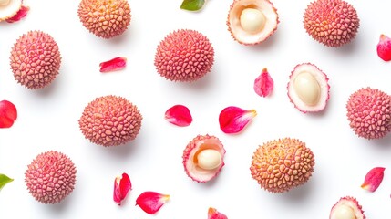 Lychees and petals flatlay, white background, food photography, recipe