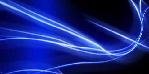 Dark abstract background with blue neon glowing lines. Abstract background, neon light, laser show, impulse, pulse power lines, energy impulse, blue glowing dynamic lines. Technology background