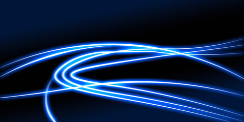 Dark abstract background with blue neon glowing lines. Abstract background, neon light, laser show, impulse, pulse power lines, energy impulse, blue glowing dynamic lines. Technology background