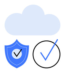 Cloud leading two icons a shield with a checkmark and a circular frame with a checkmark. Ideal for security, data backup, cloud computing, trust, compliance, authentication, digital safety. Flat