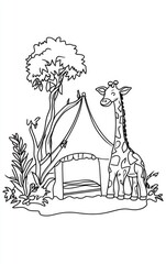 Kids Drawing Coloring page in A4 size featuring a fun giraffe beside a tent in a vibrant jungle setting, ready-to-print portrait