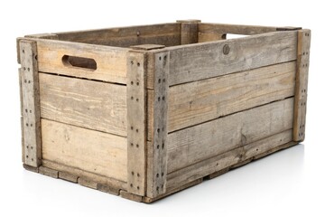 Vintage wooden crate, isolated on white.  Ideal food photography prop, showcasing weathered wood texture.