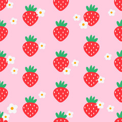 Seamless pattern featuring kawaii strawberries and pastel florals. Perfect for fabric, nursery items, and sweet-themed childrens designs