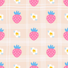 Seamless pattern featuring pink strawberries, flowers, and botanical details. Perfect for nursery decor, fabric prints, and girly designs. Sweet, minimal, and stylish
