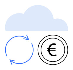 Cloud symbol above circular arrows and Euro symbol, representing data exchange, online storage, currency transfer. Ideal for technology, finance, e-commerce, fintech, global trade cloud services
