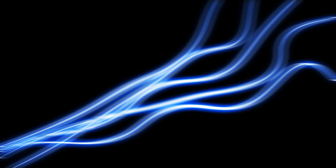 Dark abstract background with blue neon glowing lines. Abstract background, neon light, laser show, impulse, pulse power lines, energy impulse, blue glowing dynamic lines. Technology background