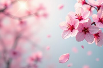 Obraz premium Delicate pink sakura blossoms, scattered petals on soft background , feminine, aesthetic