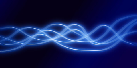 Dark abstract background with blue neon glowing lines. Abstract background, neon light, laser show,...
