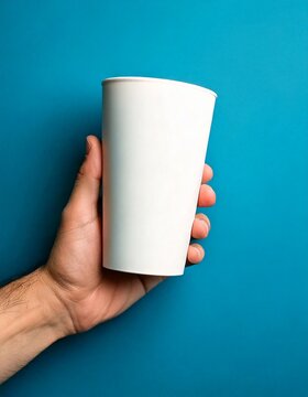 Un Mockup  de producto en una mano que sostiene una vaso de caf&eacute; con un espacio en blanco para colocar la marca o el logotipo, fondo de color azul simple, sin texto, alta calidad.