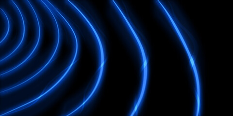 Dark abstract background with blue neon glowing lines. Abstract background, neon light, laser show, impulse, pulse power lines, energy impulse, blue glowing dynamic lines. Technology background
